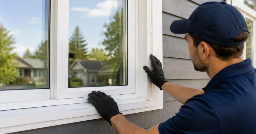 technician comparing full-frame and retrofit window replacement options in Midland