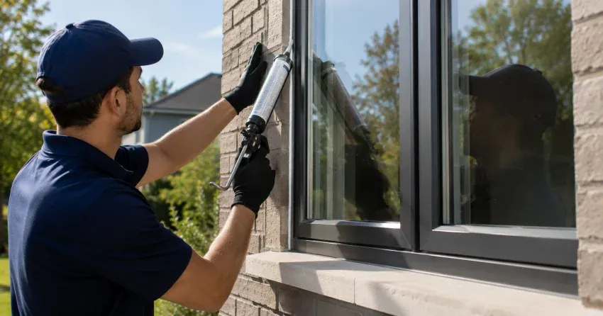 Aluminum window frame with double glazed insulated glass unit installed in a residential wall in Leeshore Estates, Midland