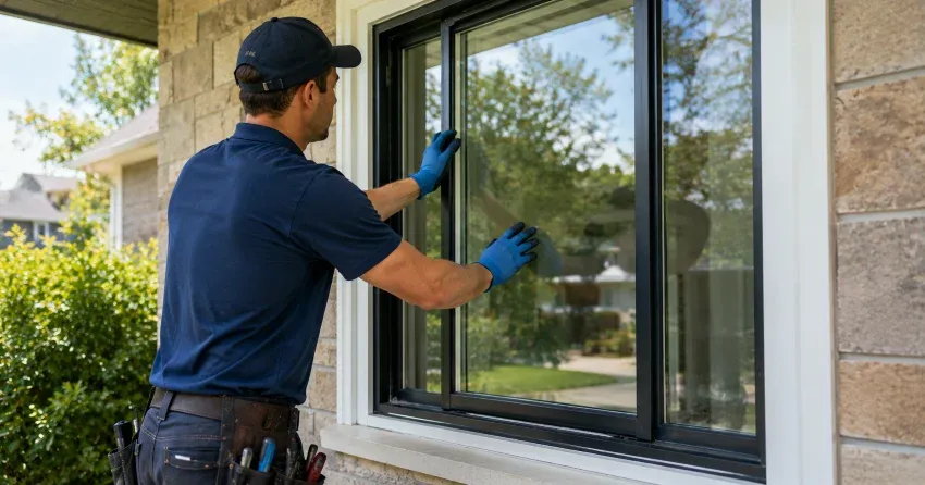 technician measuring a broken window pane for replacement in Midland