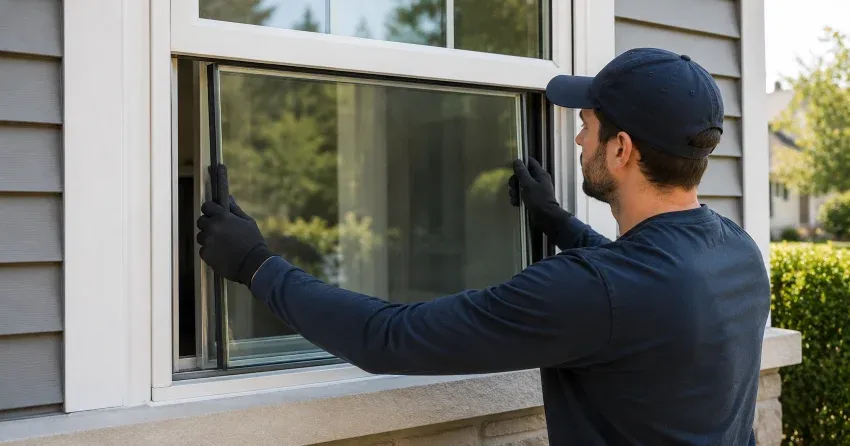 technician boarding up broken window during emergency glass repair Midland