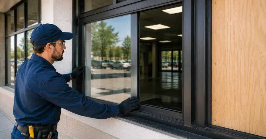 technician boarding a broken window after a break-in in Midland