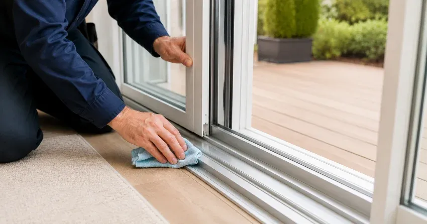 technician inspecting a sliding patio door track in Leeshore Estates, Midland