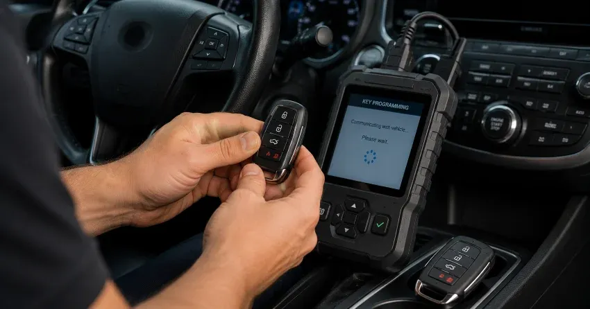 technician inspecting a worn car key before replacement in Midland
