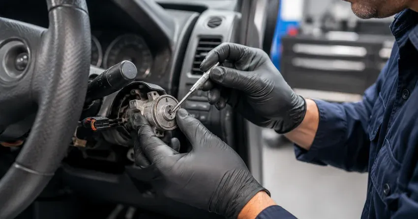 technician diagnosing an ignition lock repair issue in Midland