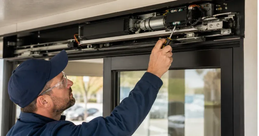 technician completing automatic door repair on residential property in Midland