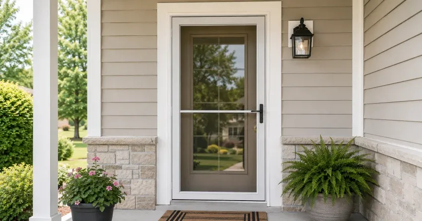 technician hanging storm door square and plumb in Midland
