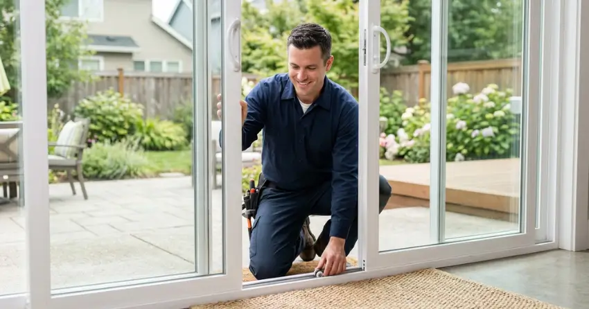 technician diagnosing a sticking patio door in Midland
