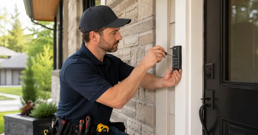 Technician installing an access control system keypad beside a residential front door in Midland