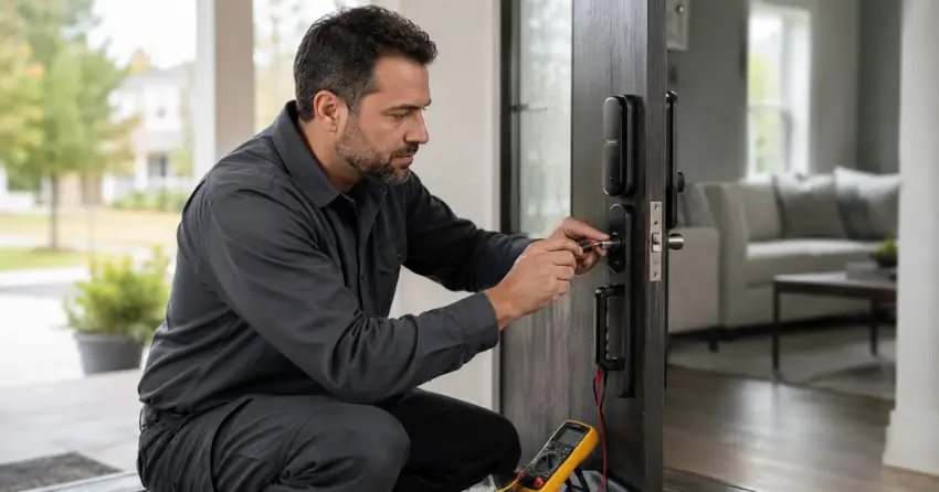 technician diagnosing automatic door lock mechanism on residential door in Midland Point, Midland