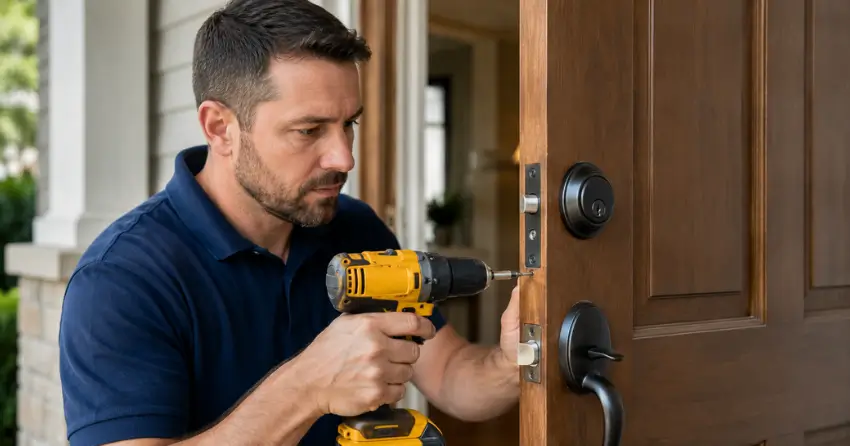 technician installing a new deadbolt during Change Door Lock Leeshore Estates, Midland service