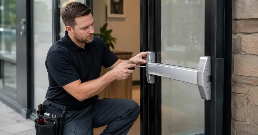 commercial locksmith repairing exit device on storefront door Midland