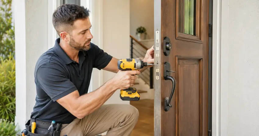 locksmith installing new deadbolt lock on front door in Midland