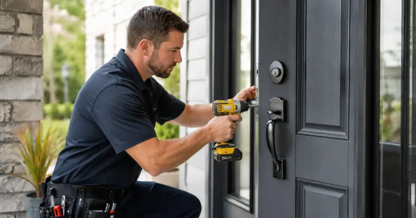 locksmith installing deadbolt lock on exterior door in Midland