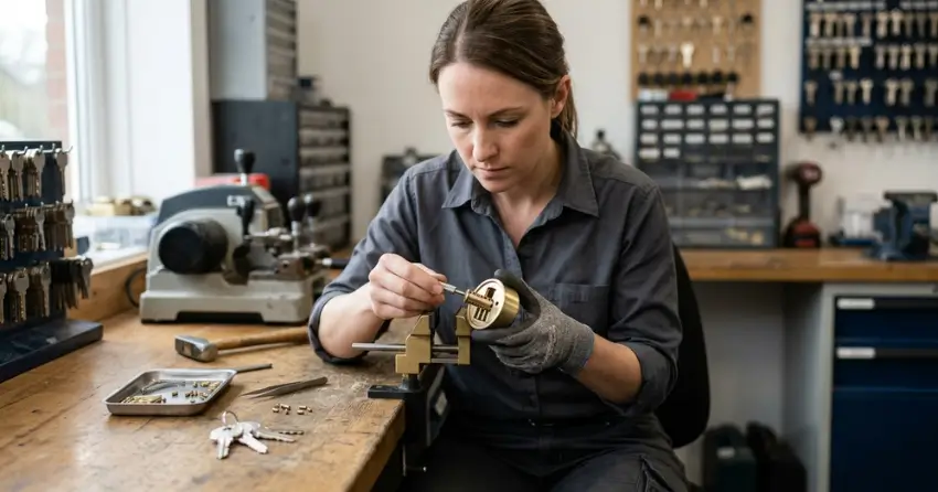 locksmith technician rekeying a deadbolt in Midland