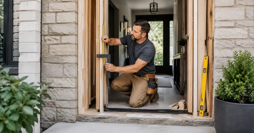 exterior door installer assessing rough opening in Midland