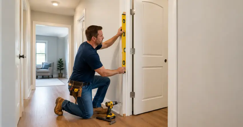 technician installing a pre-hung interior door in a home hallway Midland