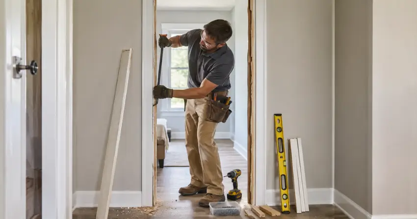 technician removing an old interior door frame during installation Midland