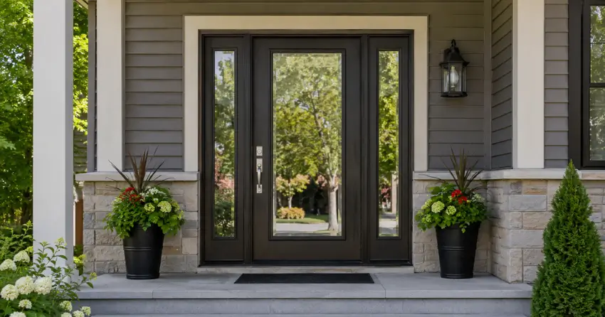 glass entry door with sidelights on a home in Leeshore Estates, Midland