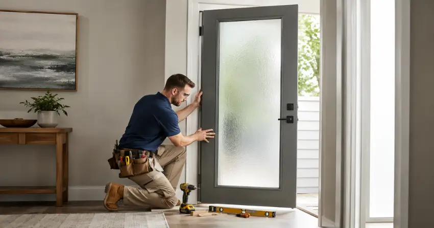 glass panel door installation with frosted privacy glass in residential setting in Midland Point, Midland