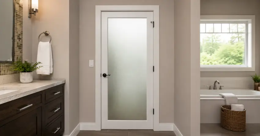 frosted glass panel bathroom door installed in a Leeshore Estates, Midland home
