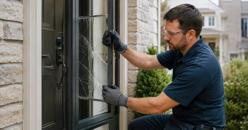 technician removing cracked storm door glass panel in Leeshore Estates, Midland