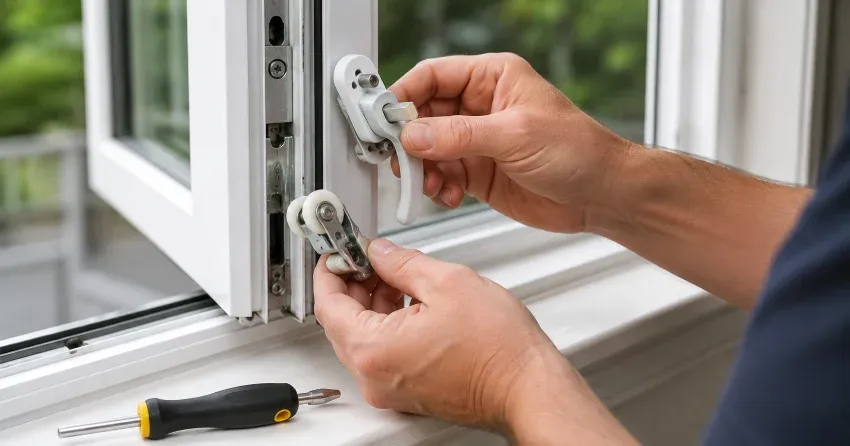 technician performing broken window repair Midland on a sliding window