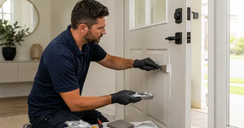 technician repairing fiberglass door surface crack in Midland Point, Midland