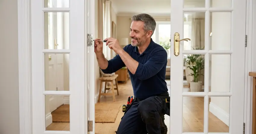 technician adjusting French door hinge for proper alignment in Midland