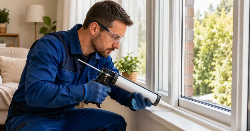 technician repairing window seal and frame in Midland
