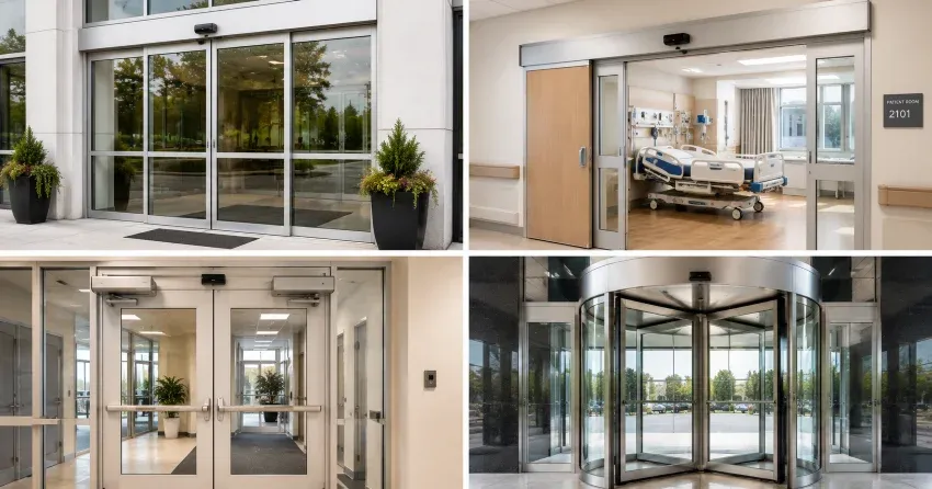 automatic door services technician completing system diagnostic in Midland