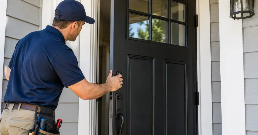 technician adjusting door hinge and strike plate in Midland home
