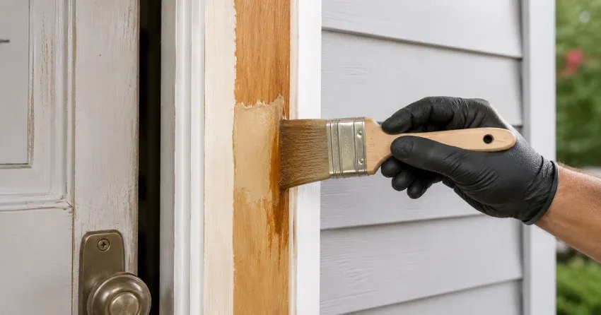 technician probing rotted wood on a door frame in Midland