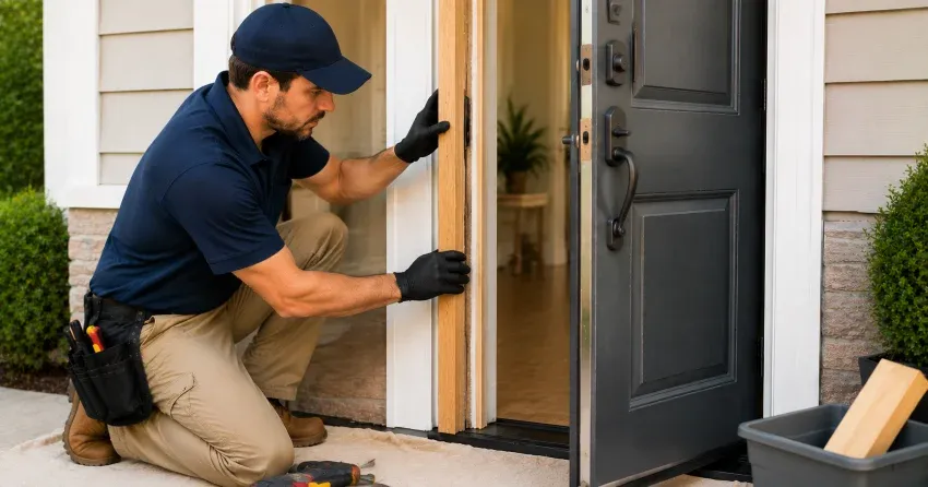 technician inspecting damaged door frame corner in Midland