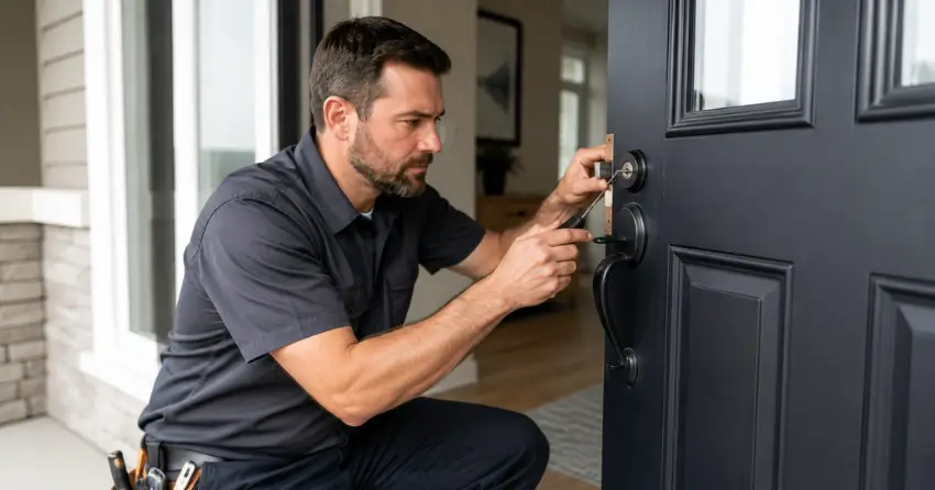licensed locksmith technician working on residential deadbolt in Midland