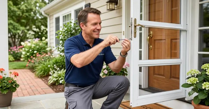 technician adjusting storm door hinge and closer in Leeshore Estates, Midland